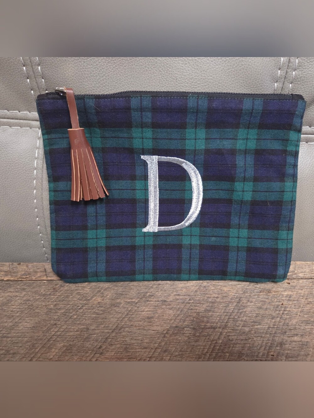 NWOT Monogrammed "D" Green & Navy Plaid Pouch with Brown Tassel ~ B1J